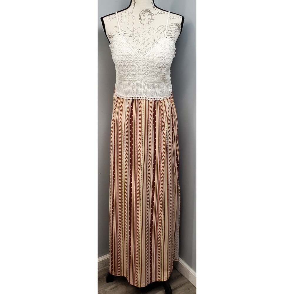No Boundaries Maxi Dress Womens L (11-13) Multi Striped Crochet Lace Bodice Slit